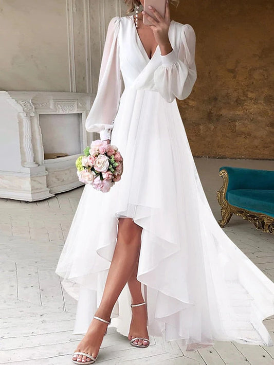 A-line/Princess V-neck Asymmetric Wedding Dress