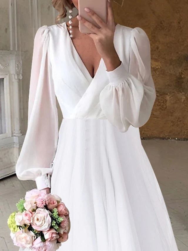 A-line/Princess V-neck Asymmetric Wedding Dress