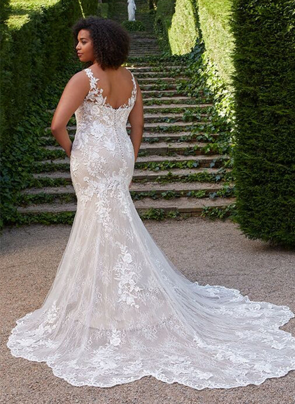 Trumpet/Fishtail V-neck Large Sticker Lace Wedding Dress