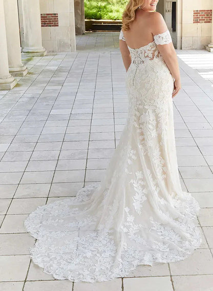 Trumpet/Fishtail Off Shoulder Large Sticker Lace Wedding Dress