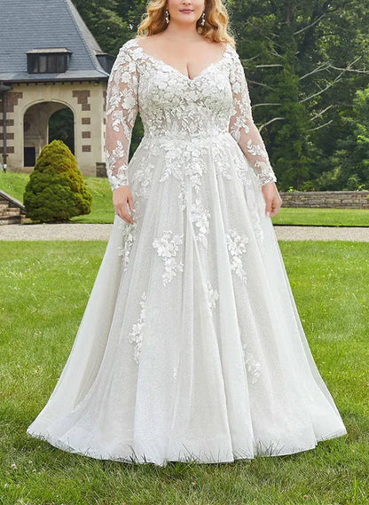 A-line/Princess V-neck Long sleeved Large Size Applique Lace Wedding Dress