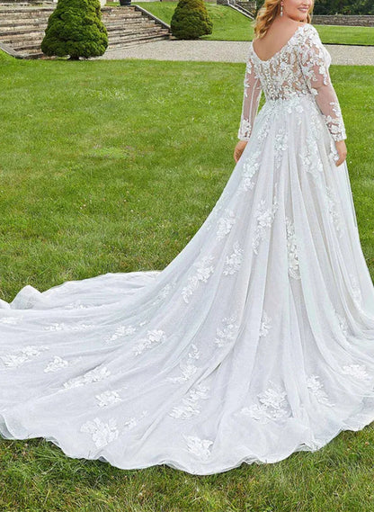 A-line/Princess V-neck Long sleeved Large Size Applique Lace Wedding Dress