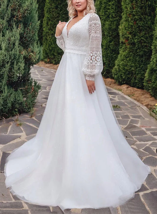 A-line/Princess V-neck Large Sticker Lace Wedding Dress