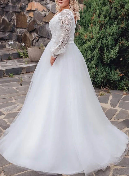 A-line/Princess V-neck Large Sticker Lace Wedding Dress