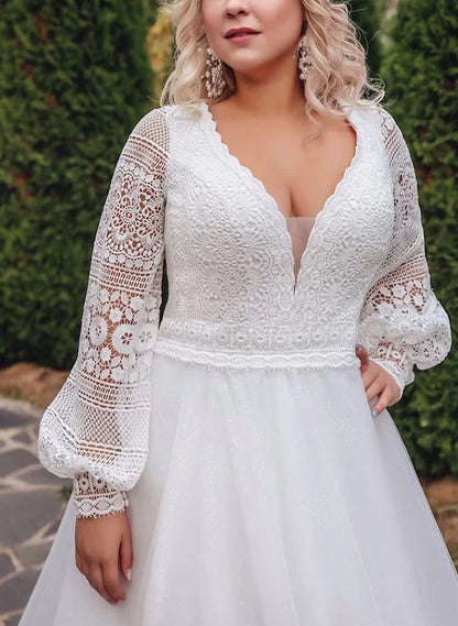 A-line/Princess V-neck Large Sticker Lace Wedding Dress