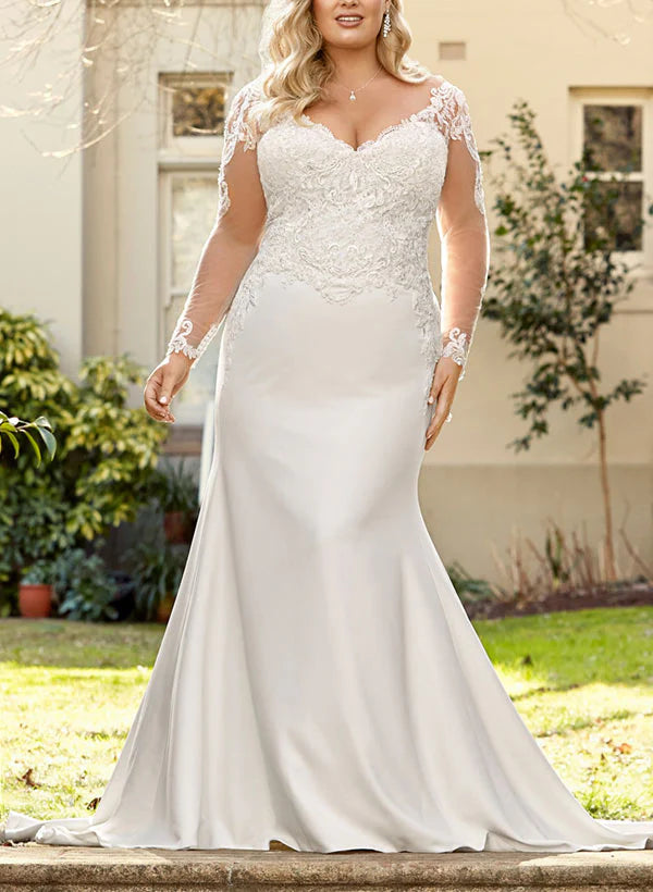 Trumpet/Fishtail V-neck Long sleeved Large Size Applique Lace Wedding Dress