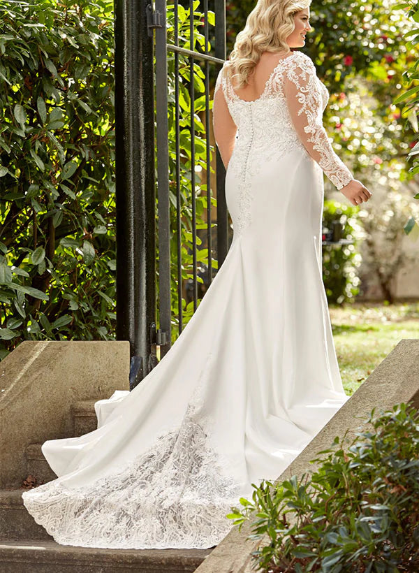 Trumpet/Fishtail V-neck Long sleeved Large Size Applique Lace Wedding Dress