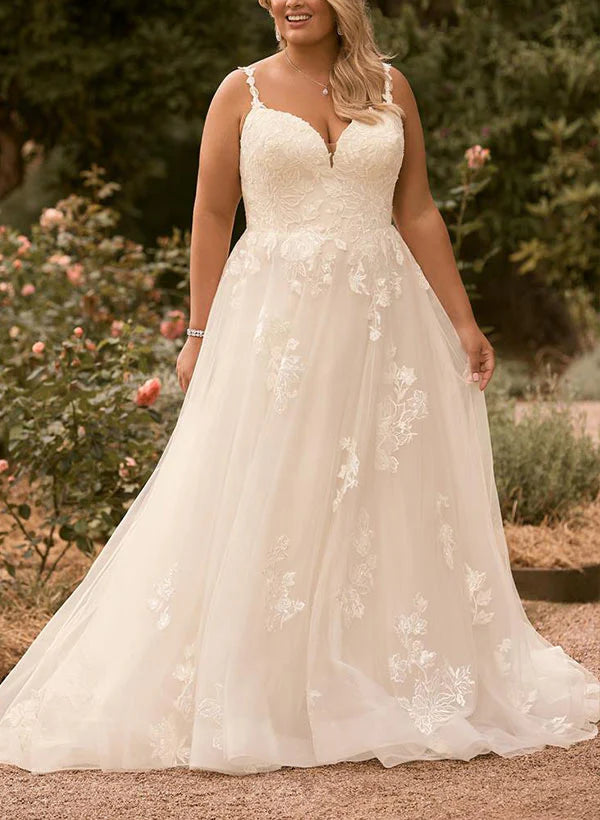 A-line/Princess Fine Shoulder Strap V-Neck Large Sticker Lace Wedding Dress