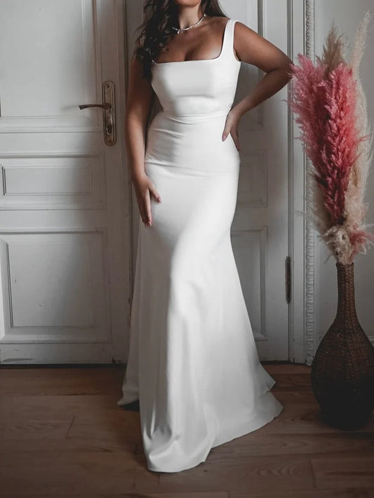 Trumpet/fishtail square neck and floor wedding dress