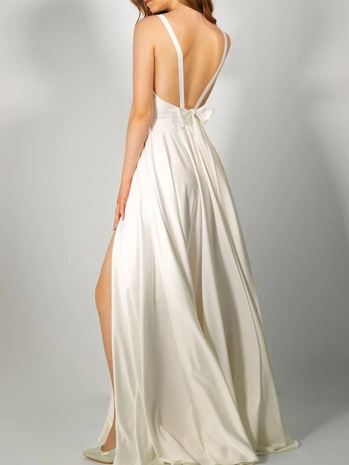 A-line/Princess V-neck bow with slit and ground length wedding dress