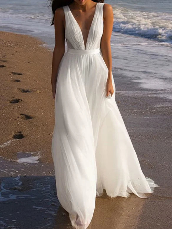 A-line/Princess Deep V-neck and Floor sheer Wedding Dress