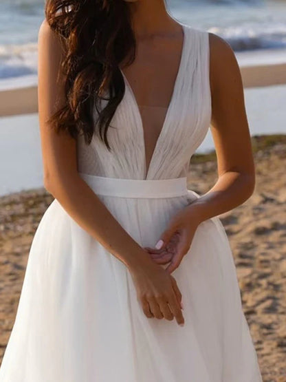 A-line/Princess Deep V-neck and Floor sheer Wedding Dress