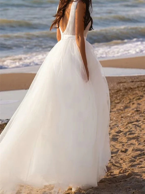 A-line/Princess Deep V-neck and Floor sheer Wedding Dress