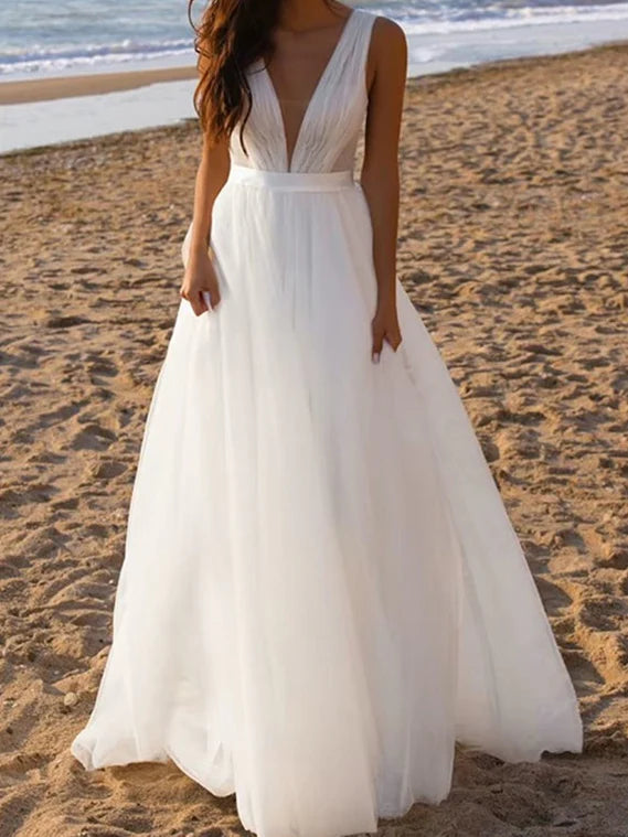 A-line/Princess Deep V-neck and Floor sheer Wedding Dress