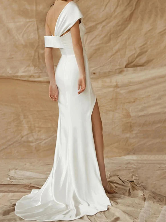 Tight fitting/straight cut shoulder slit silk satin wedding dress