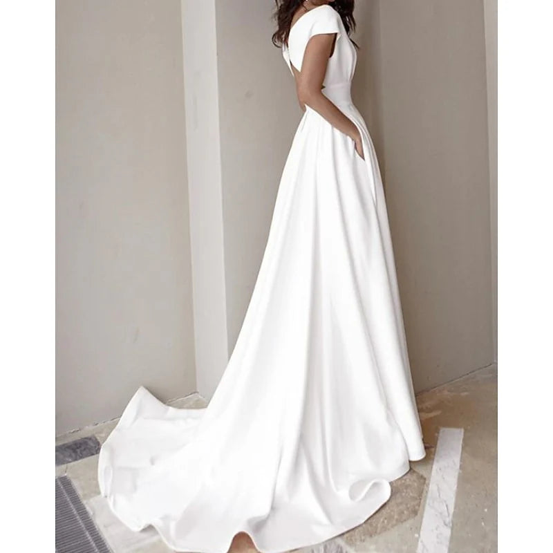 A-line/Princess V-neck Cap Sleeve Wedding Dress Split Front Sweeping/Brush Tail