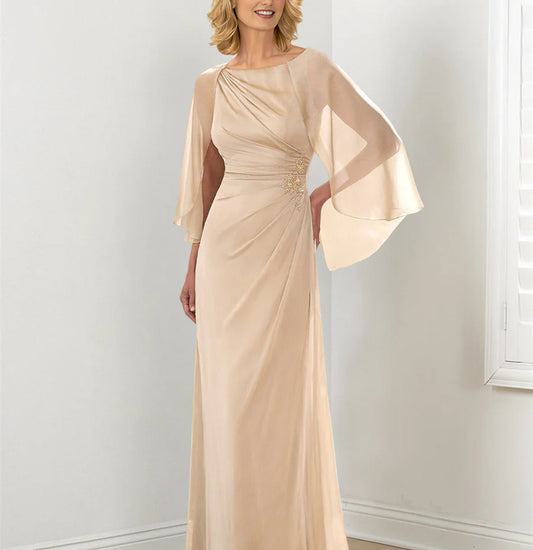 Pleated slim fit/pillar round neck mother of the bride dress