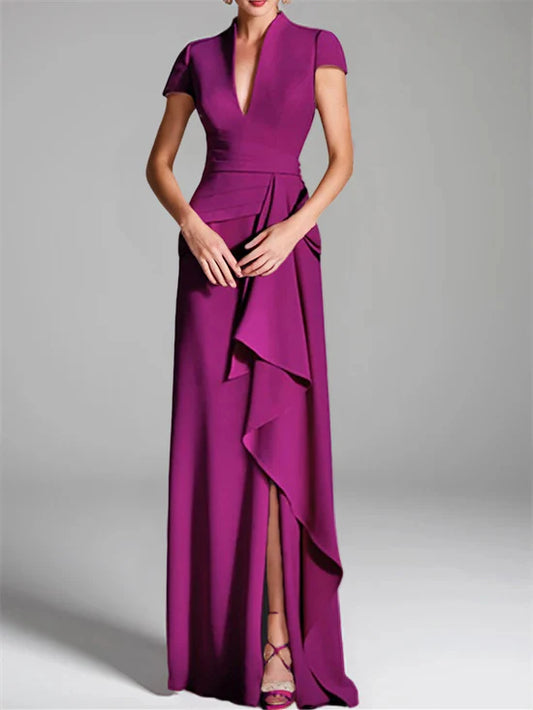 Tight fit/column V-neck to ground length mother of the bride dress