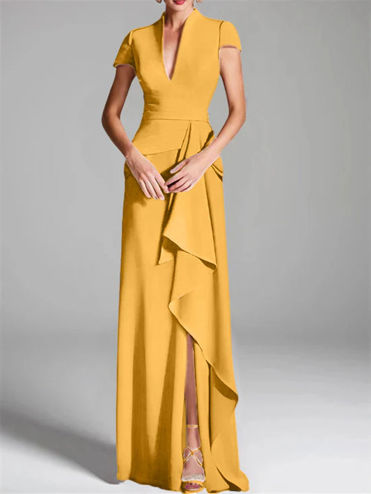 Tight fit/column V-neck to ground length mother of the bride dress