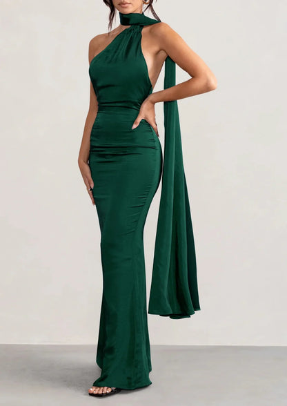 Tight fitting/column hanging neck and floor prom dress