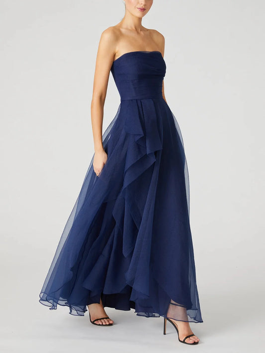 A-line/Princess strapless sleeveless ruffled edge and ankle evening dress