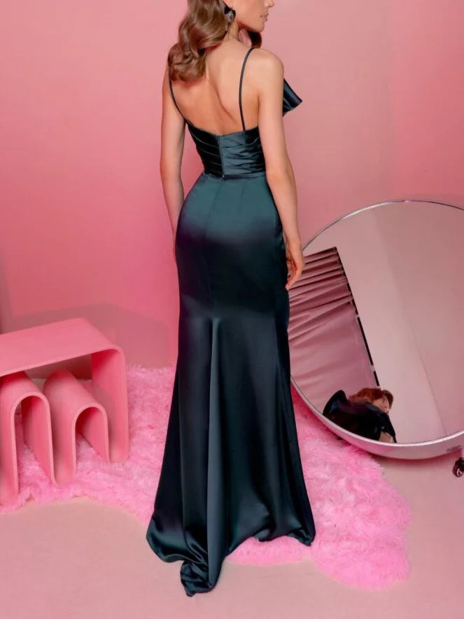 Tight fit/straight tube thin shoulder strap with ruffled edge sleeveless and ground evening dress