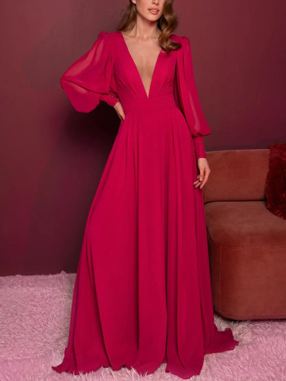 A-line/Princess V-neck Long sleeved Ruffle Edge Floor Mop Evening Dress