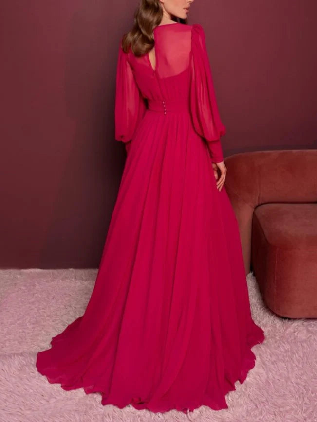 A-line/Princess V-neck Long sleeved Ruffle Edge Floor Mop Evening Dress