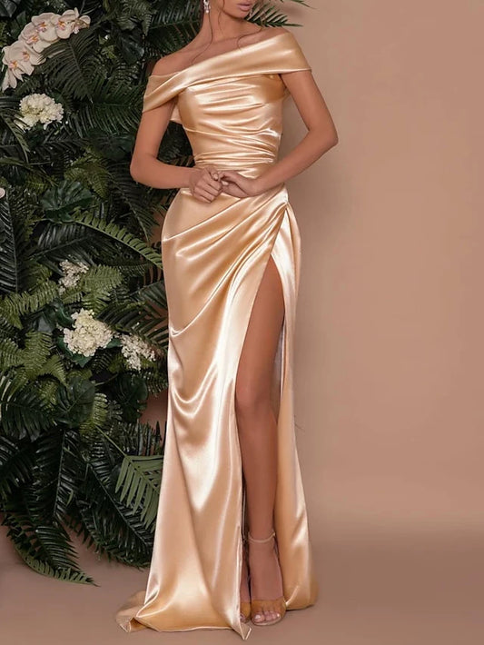 Tight fit/straight leg off shoulder and floor length prom dress