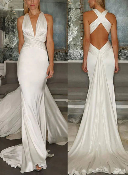 Trumpet/fishtail V-neck and floor wedding dress