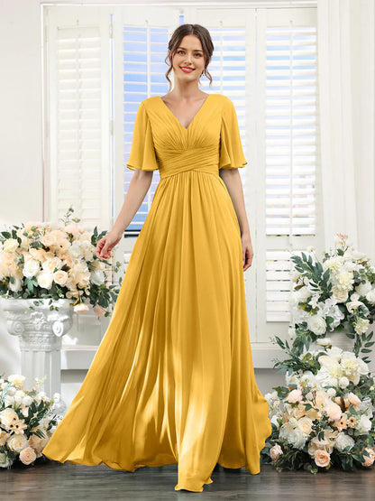 A-shaped V-shaped leader bridesmaid dress, suitable for wedding guests, long chiffon formal slit party dress