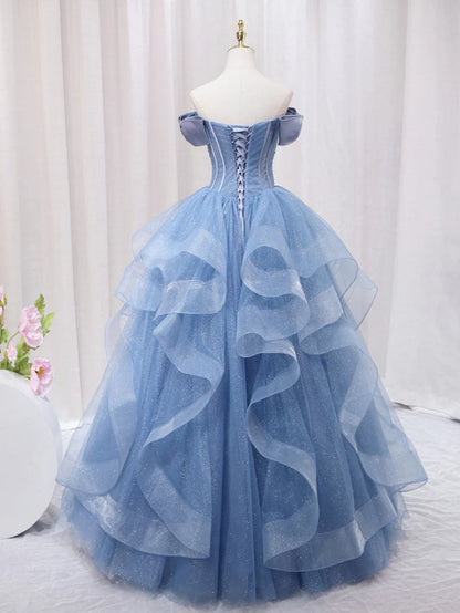 Adult dress A-line blue sheer long ball dress blue sweet dress