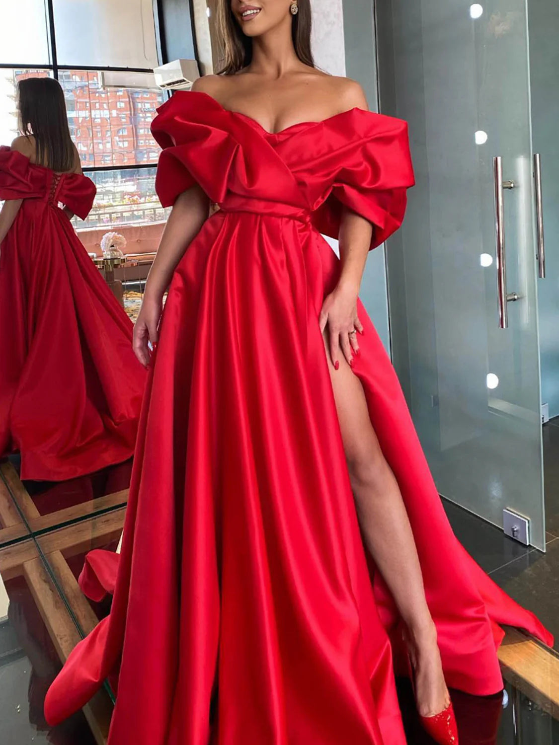 A-shaped/Princess Off Shoulder and Floor Prom Dress