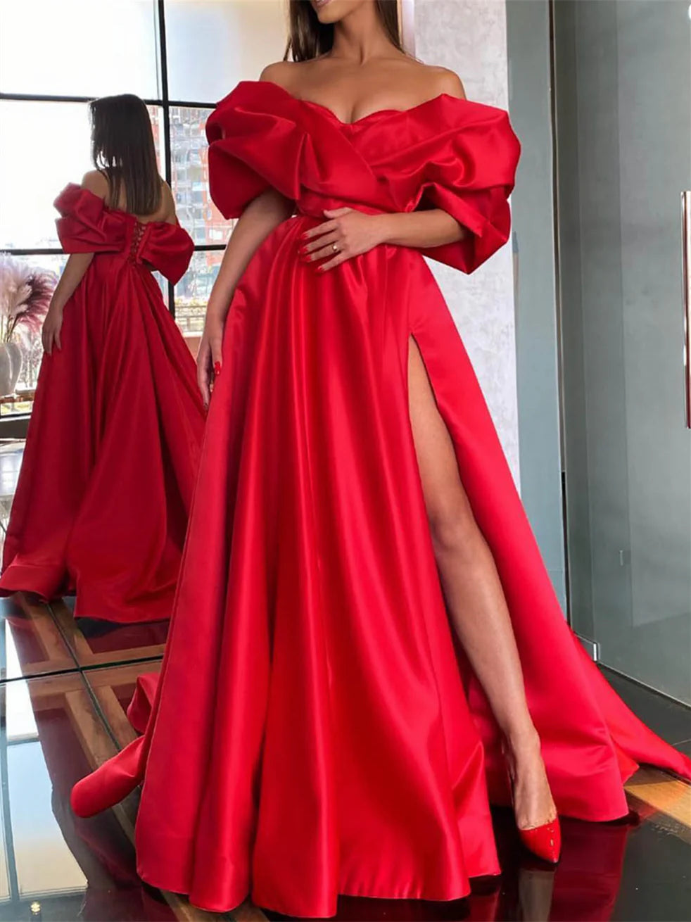 A-shaped/Princess Off Shoulder and Floor Prom Dress