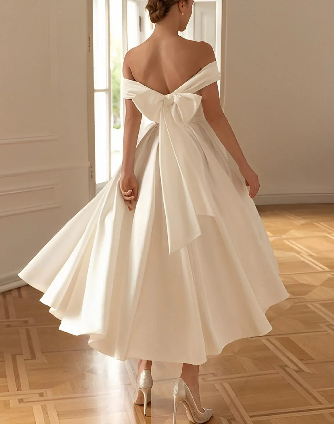 A-line/Princess Off Shoulder and Ankle Wedding Dress