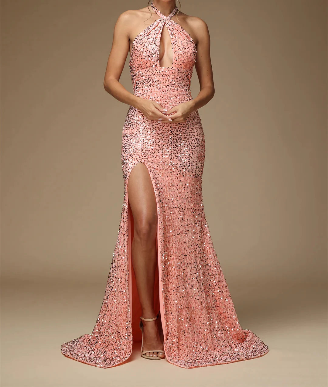 Sequin slit tight fitting/column hanging neck and floor length formal prom dress