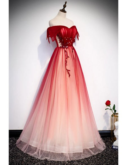 Unique and beautiful gradient red off shoulder short sleeved beaded evening dress gradient red A-line princess strapless backless strap and ground length evening dress