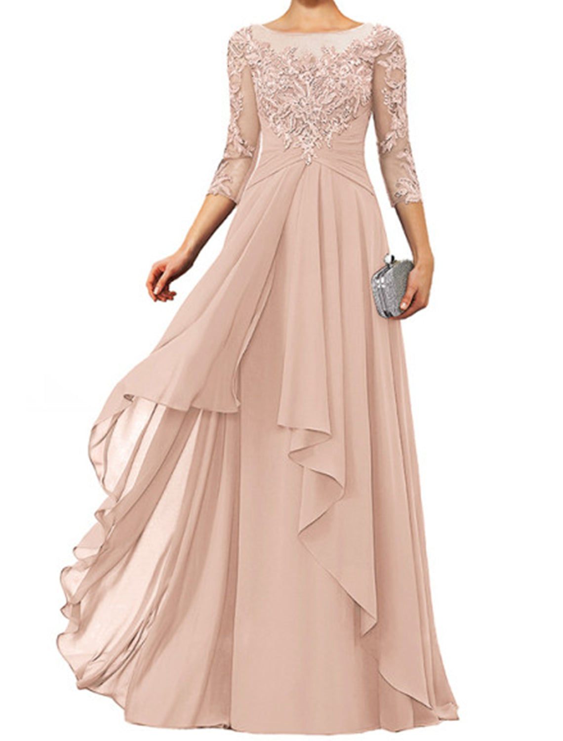 Sheath / Column Mother of the Bride Dress Elegant Jewel Neck Floor Length Chiffon Lace 3/4 Length Sleeve with Appliques