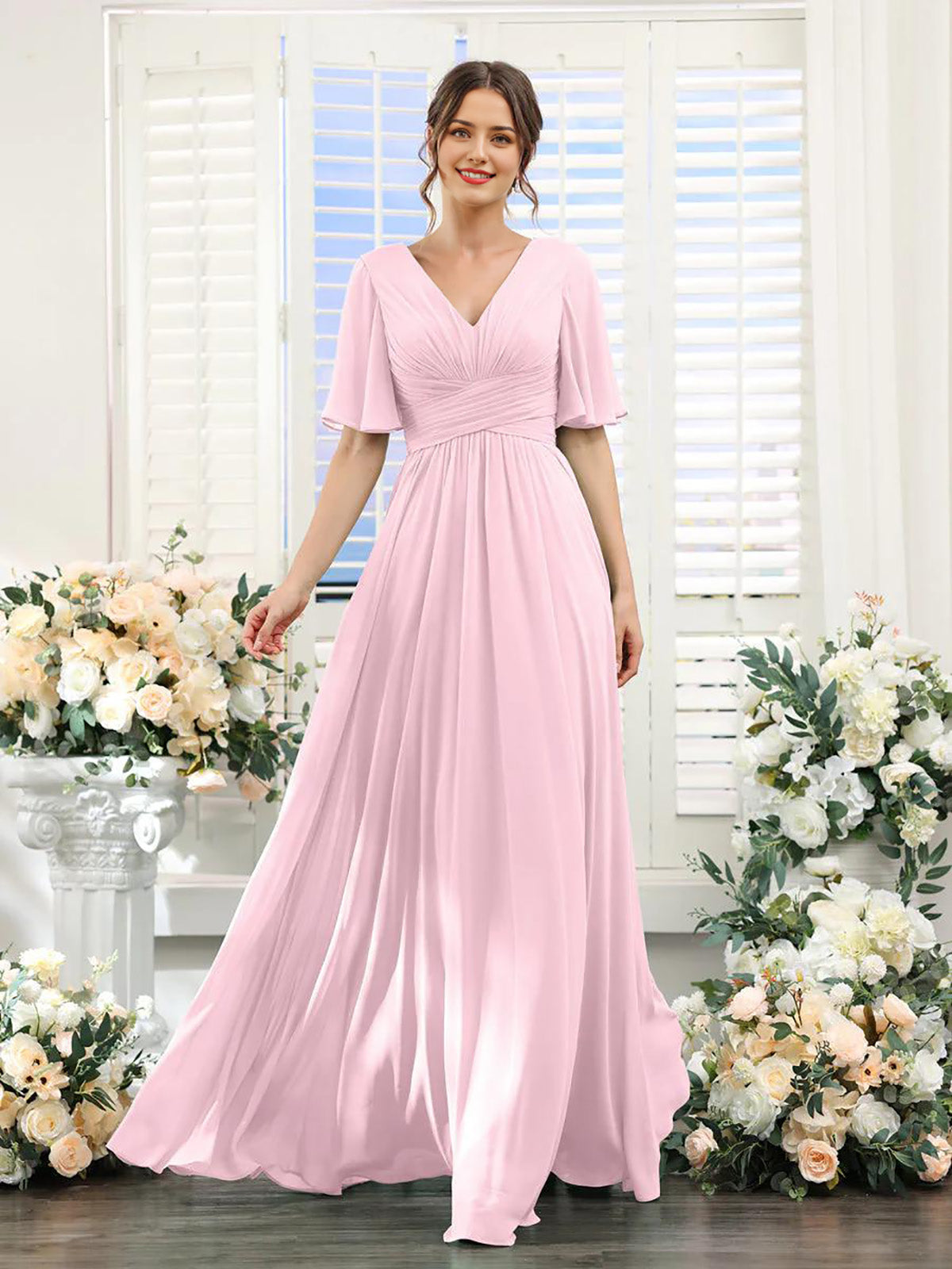 A-shaped V-shaped leader bridesmaid dress, suitable for wedding guests, long chiffon formal slit party dress