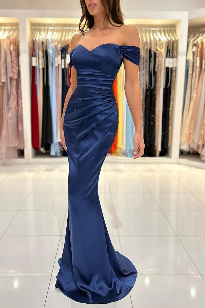 Off shoulder pleated long evening dress