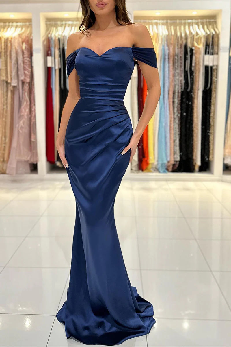 Off shoulder pleated long evening dress