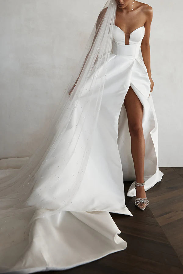 A-line V-neck side slit satin minimalist wedding dress for brides