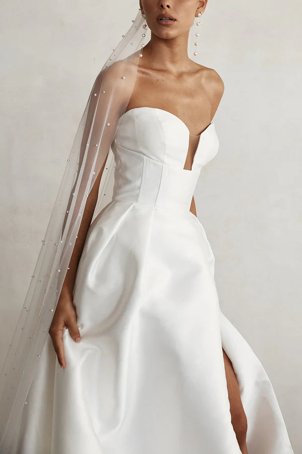 A-line V-neck side slit satin minimalist wedding dress for brides