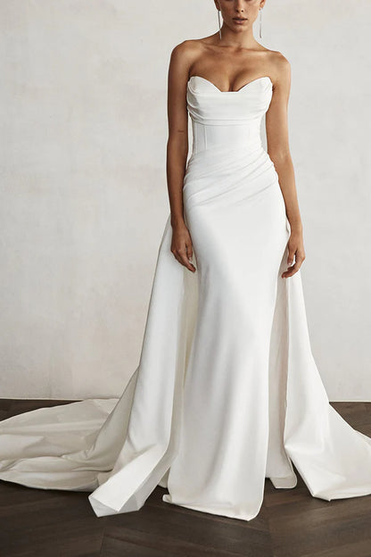 Tight Sweetheart Satin Pleated Side Split Simple Wedding Dress