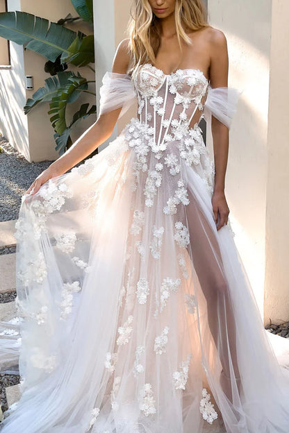 A Line Sweetheart Lace Applique Bohemian Wedding Dress