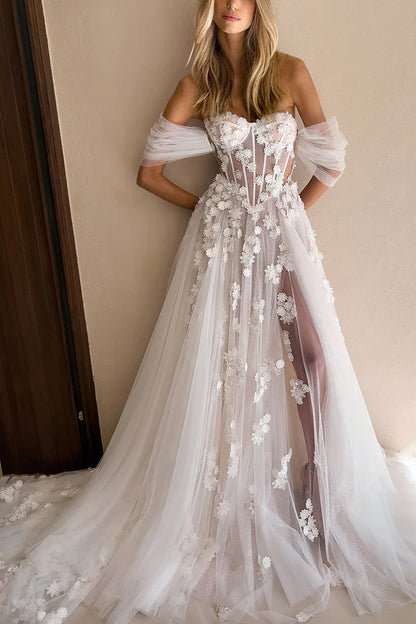 A Line Sweetheart Lace Applique Bohemian Wedding Dress