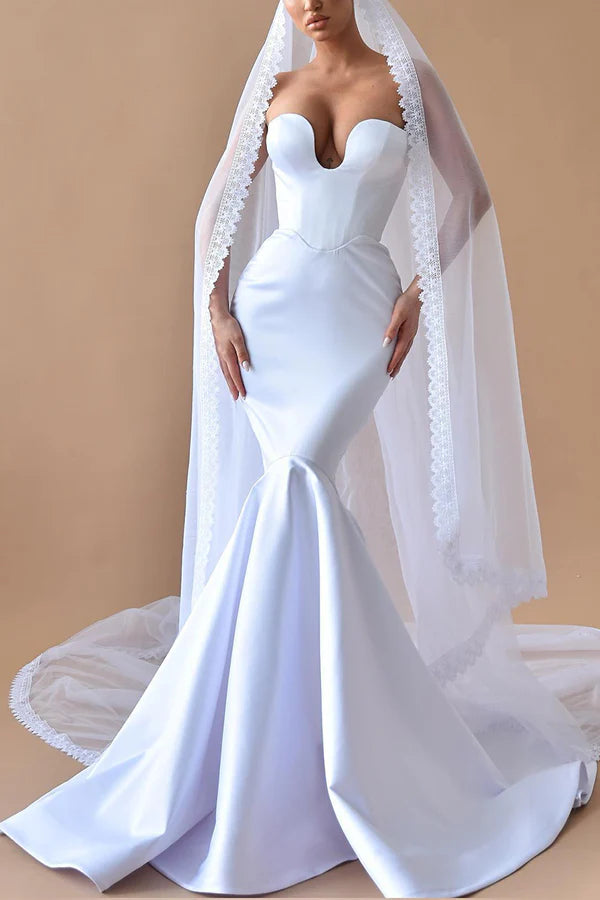 Sexy V-neck satin fishtail wedding dress for brides