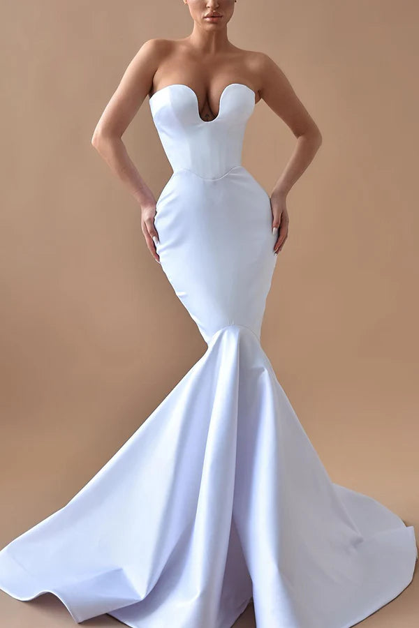 Sexy V-neck satin fishtail wedding dress for brides