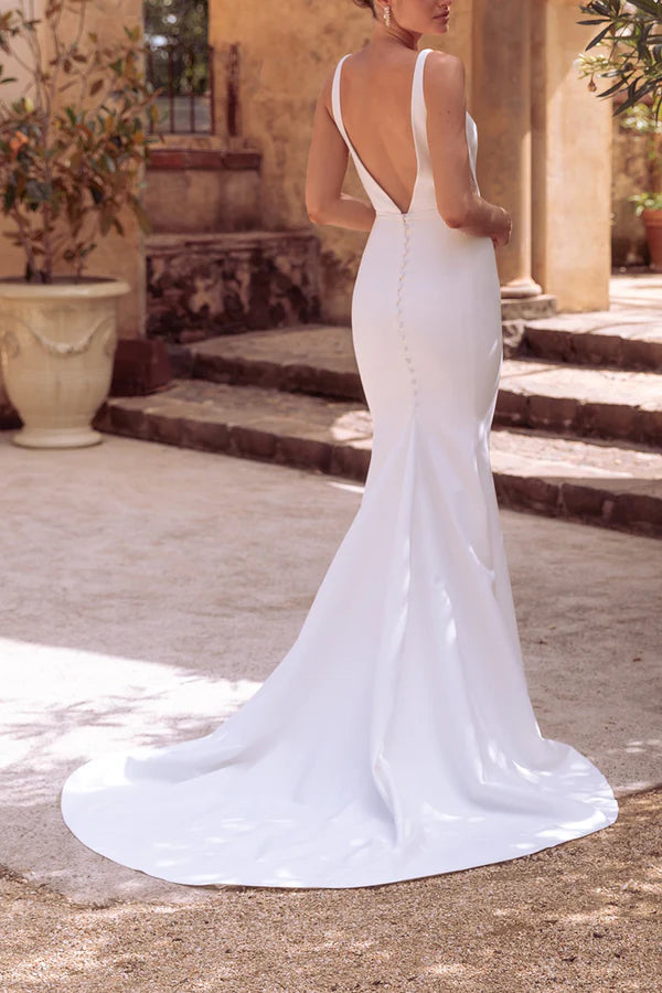 Sexy V-neck satin fishtail minimalist wedding dress