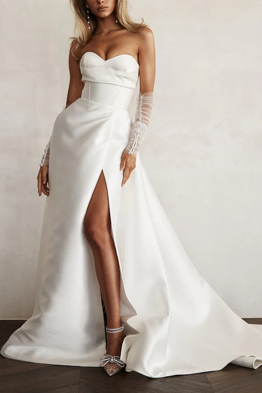 A line sweet satin pleated simple sleeved wedding dress